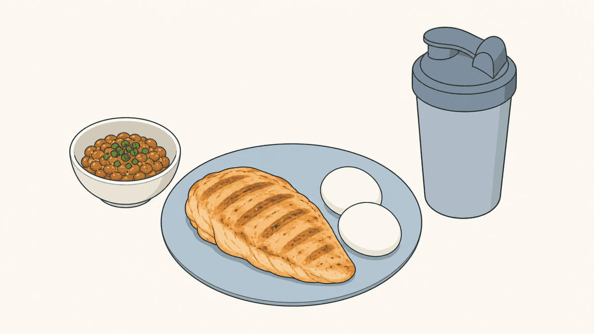 鶏むね肉とゆで卵、納豆、プロテインのシェイカーを並べたイラスト