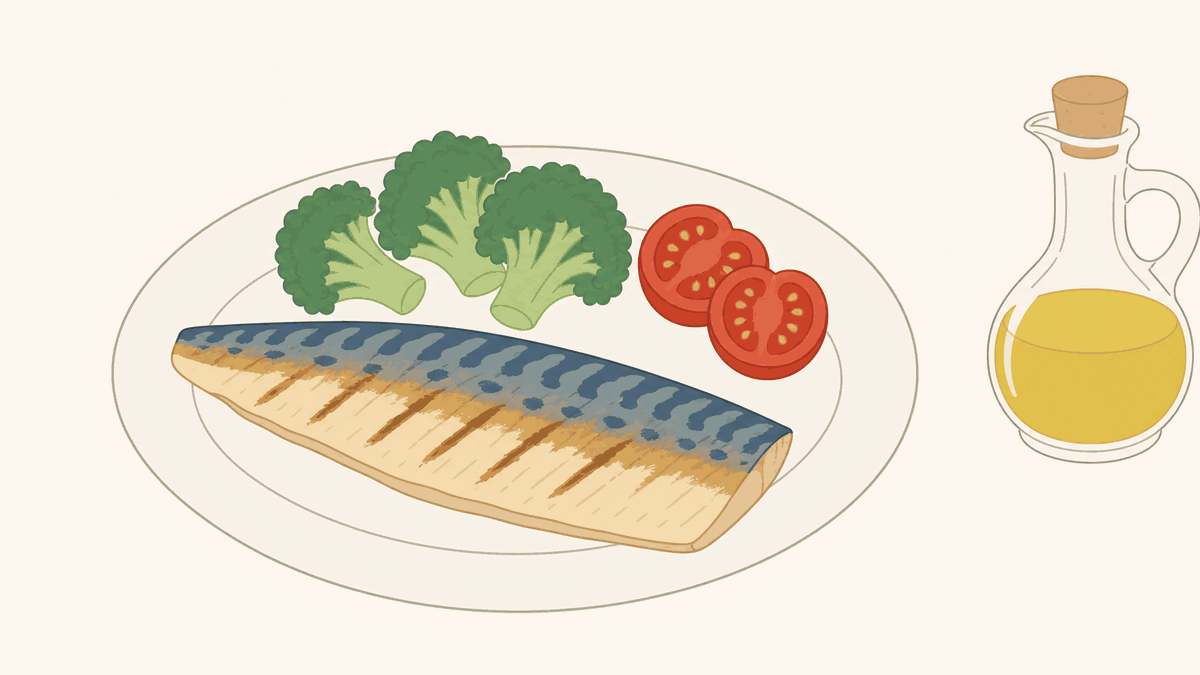 青魚やブロッコリー、トマト、オリーブオイルを並べた食事のイラスト
