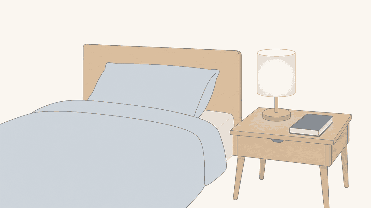 整えられたベッドと間接照明を描いた落ち着いた寝室のイラスト