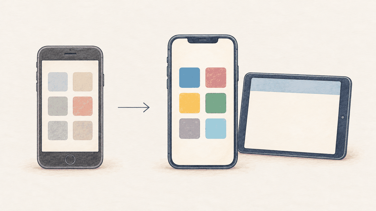 古いアプリから新しいアプリへ移る様子と、ブラウザで見るタブレットを描いた図