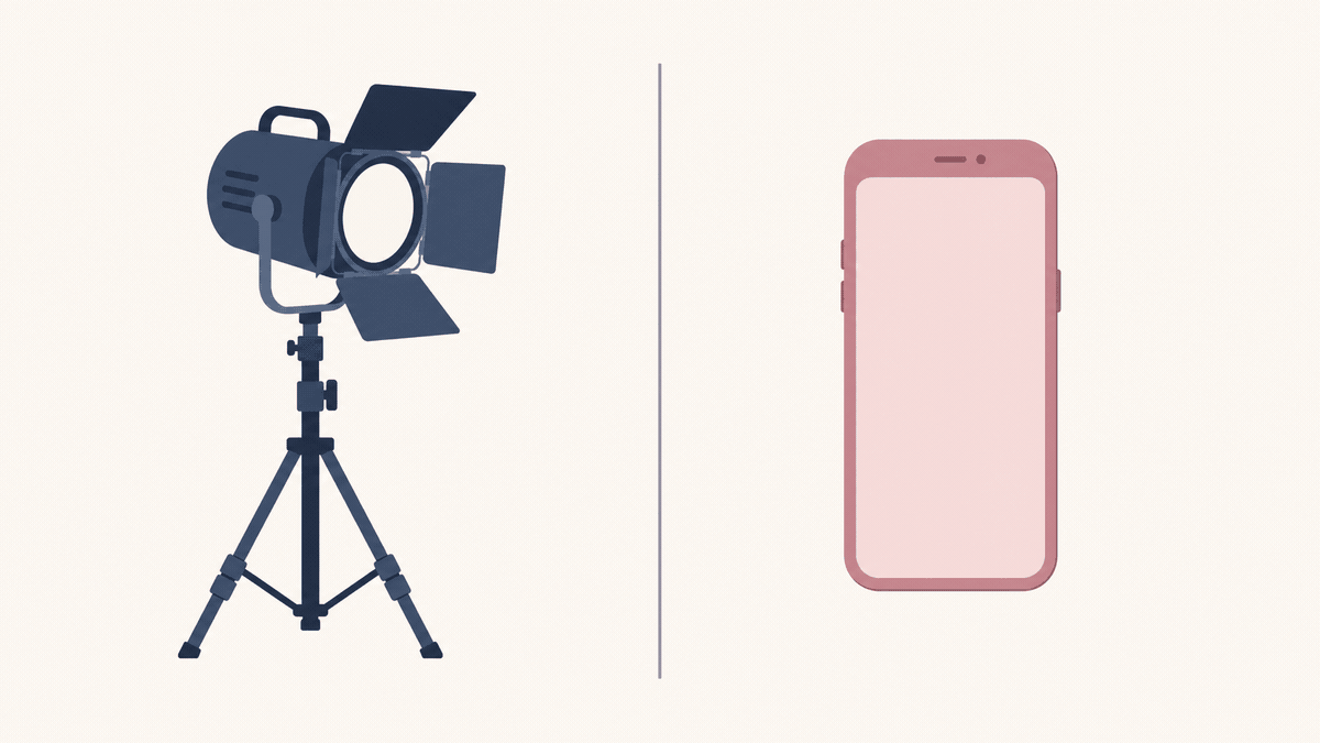 撮影機材と手持ちのスマートフォンを左右に並べたイラスト