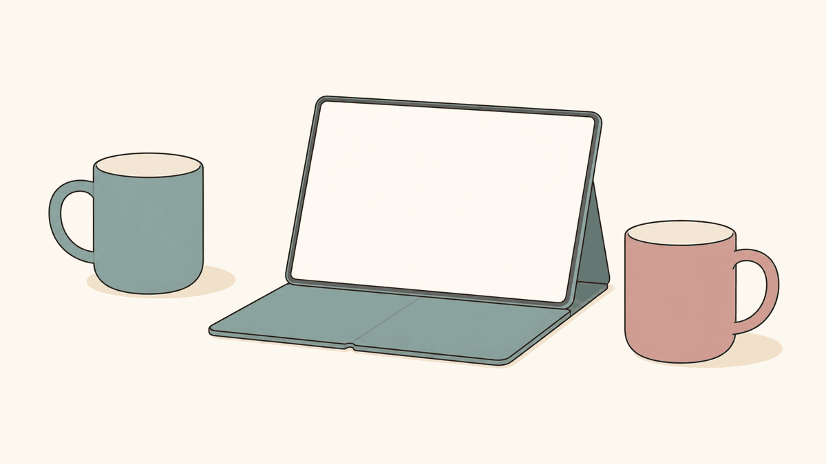 マグカップ2つと端末を置いたテーブルのイラスト