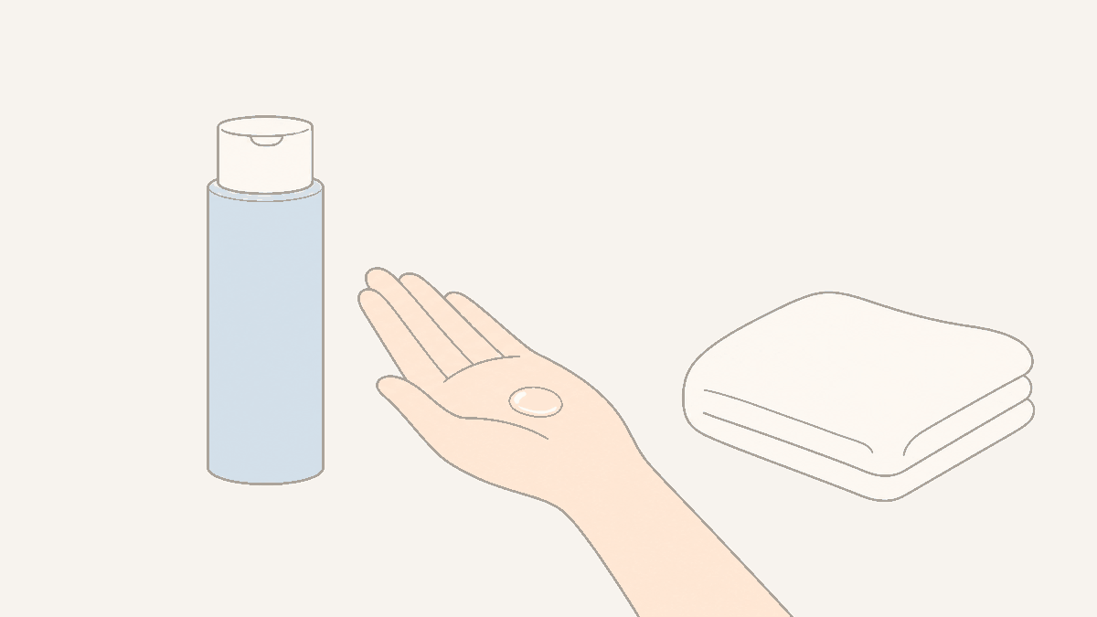 化粧水のボトルと手のひら、たたんだタオルを並べたイラスト