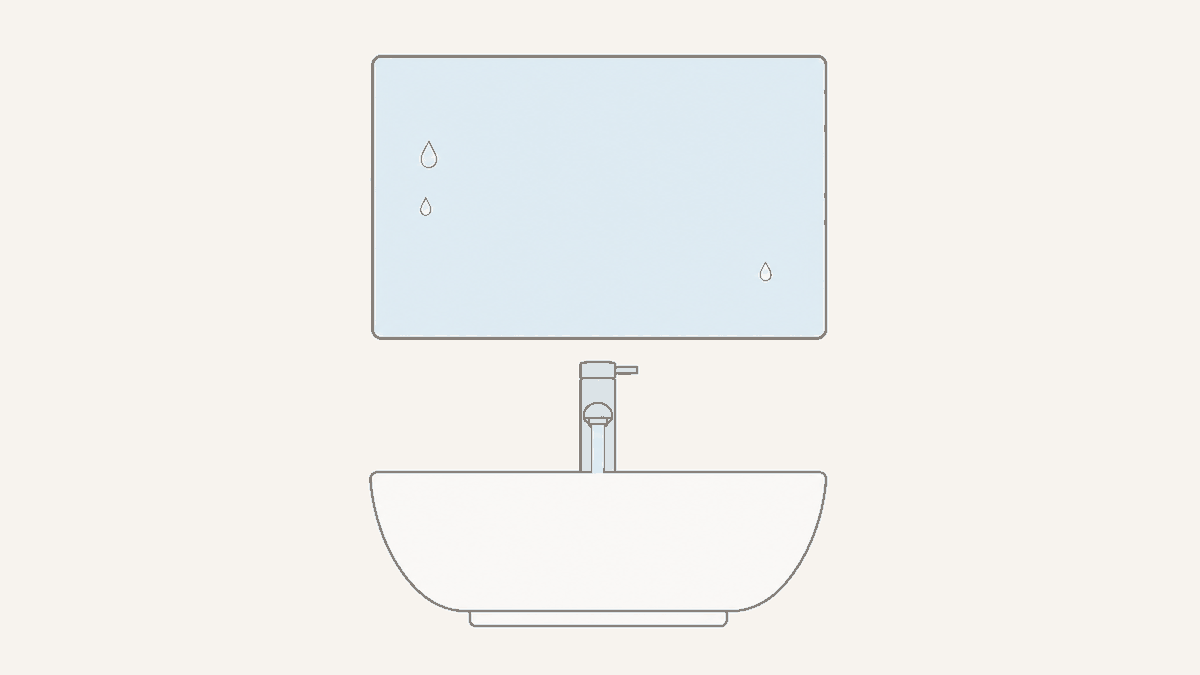 水滴の付いた鏡と流れる水を描いた洗面台のイラスト