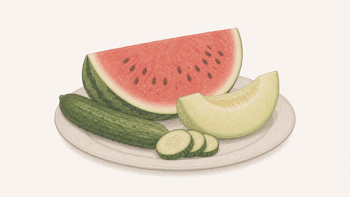 スイカやきゅうりなどシトルリンを含む食材を並べたイラスト
