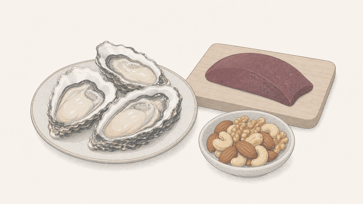 牡蠣やレバー、ナッツなど亜鉛を多く含む食材を並べたイラスト