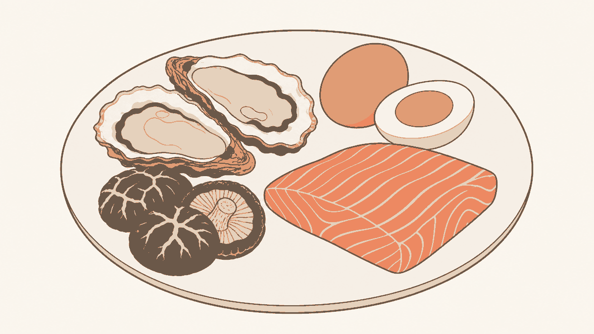 牡蠣や卵、きのこ、鮭など亜鉛とビタミンDを含む食材のイラスト