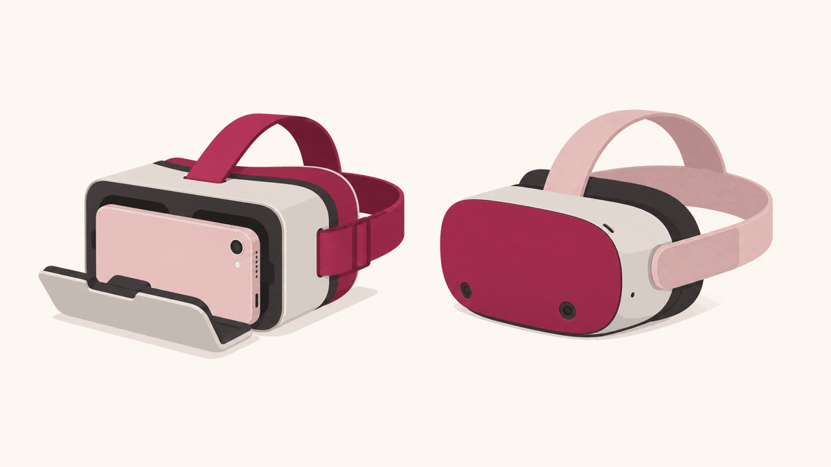 スマホ差し込み型と単体型のVRゴーグルを並べた比較イラスト