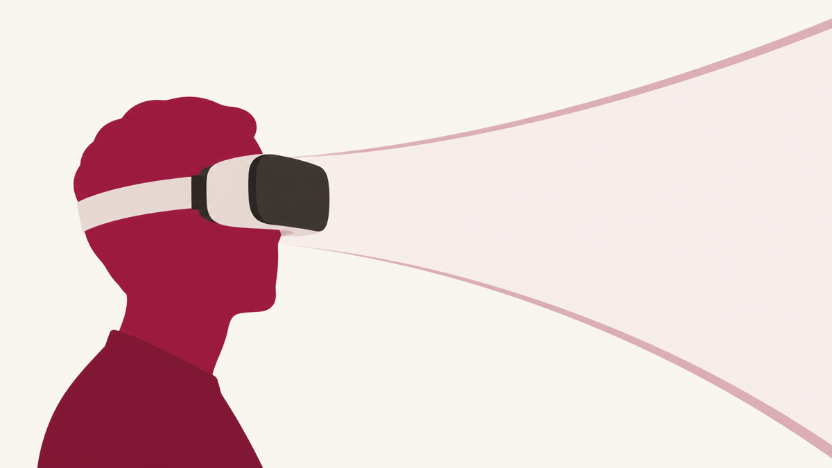 VRゴーグルを着けて視界が広がる様子を表したイラスト